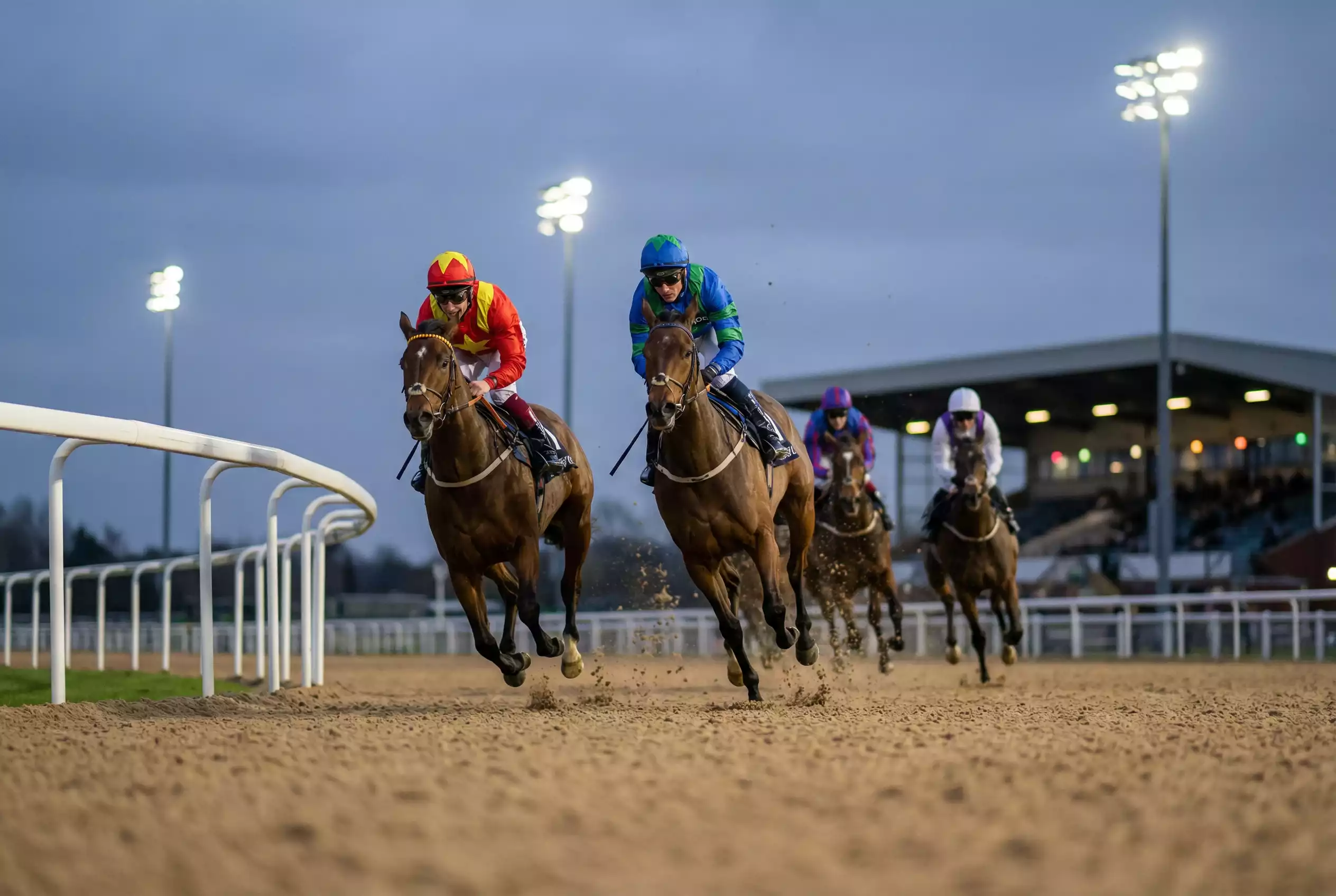 Jockeys racing in a tight group around the final bend at Southwell all-weather track under floodlights