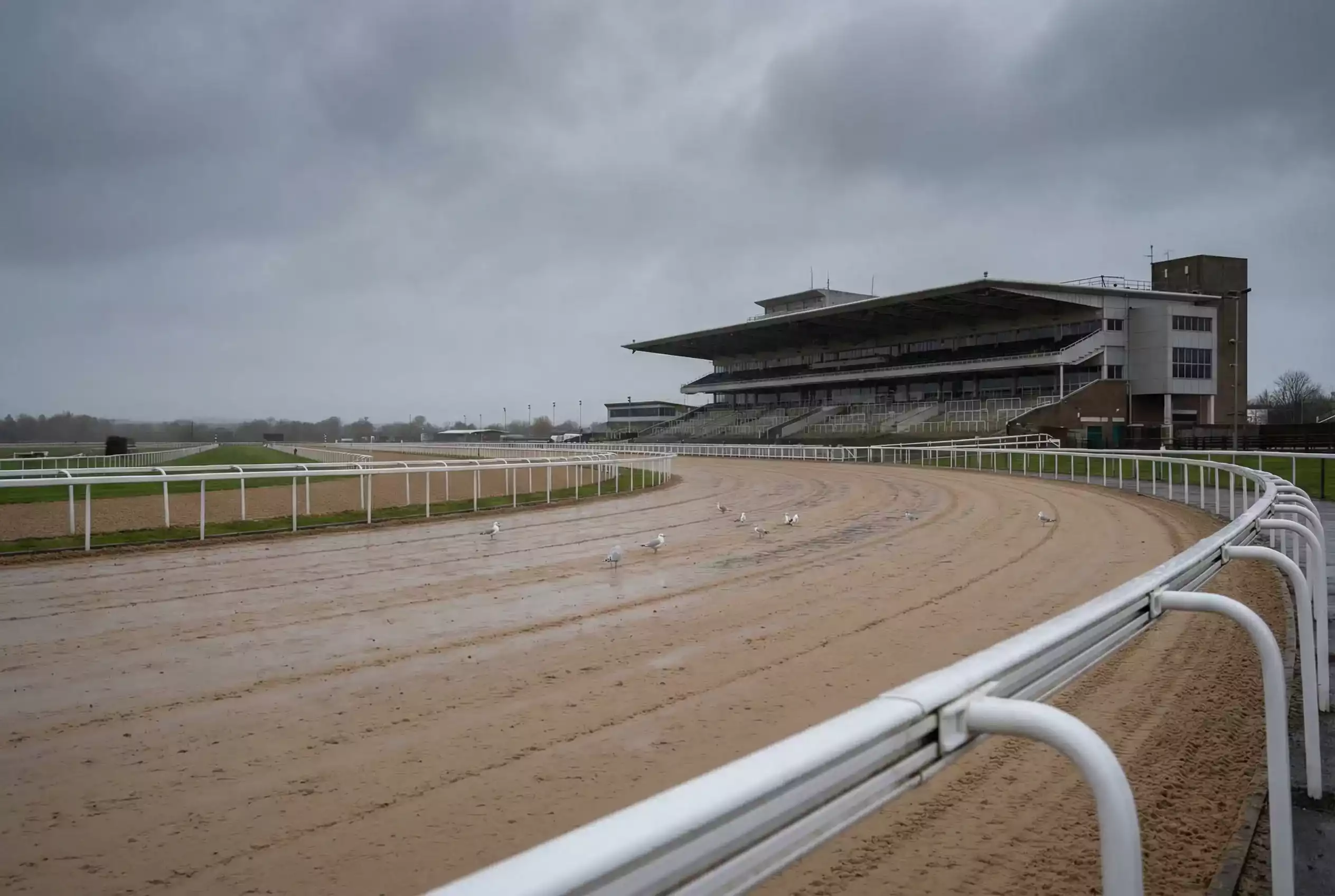 Empty Southwell all-weather track on a quiet non-raceday showing the Tapeta surface and grandstand
