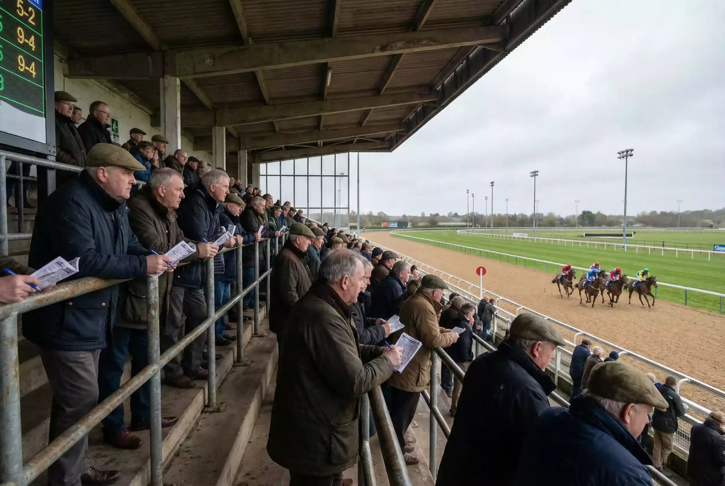 Racegoers watching horses pass the grandstand at a British racecourse on a midweek all-weather fixture