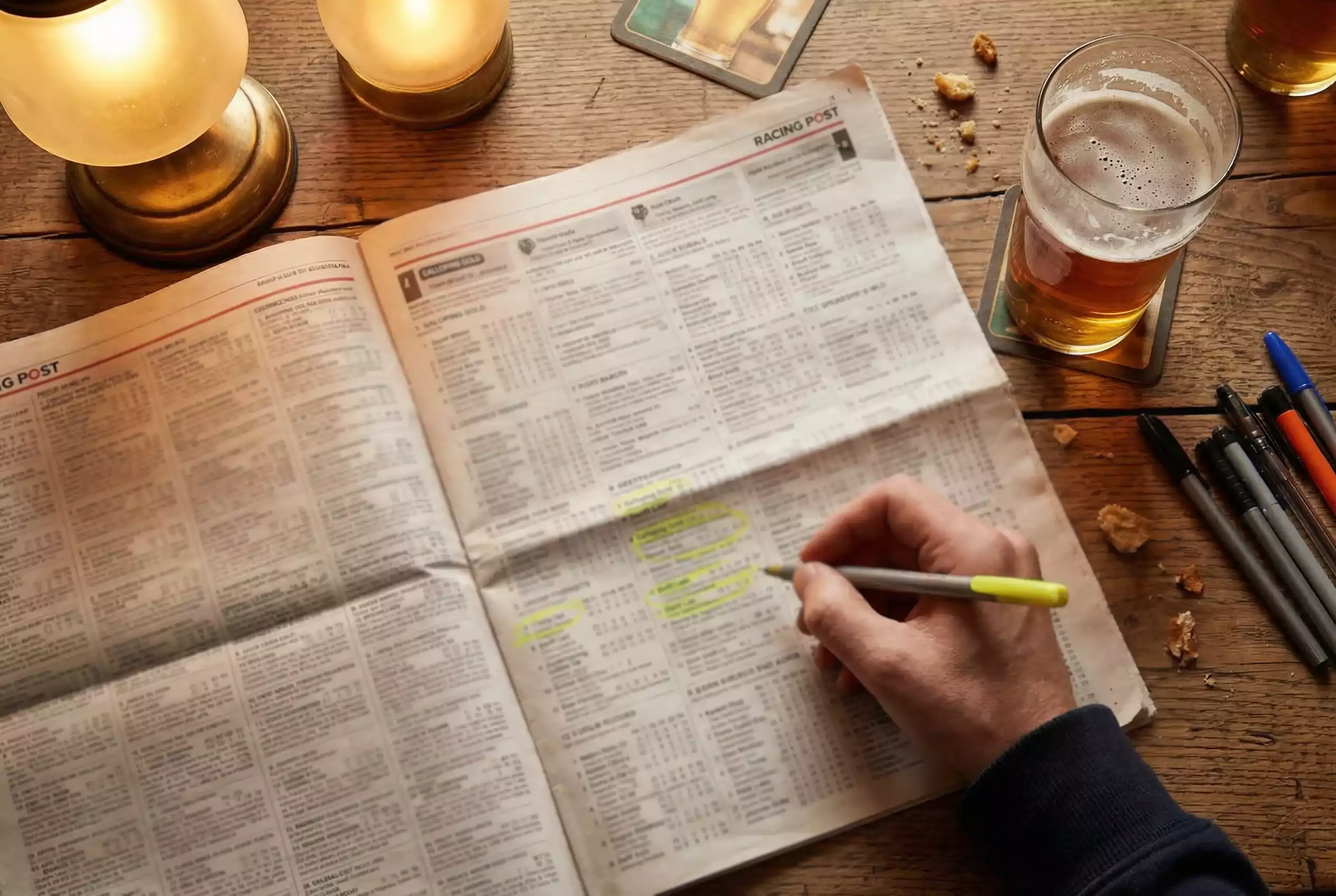 Racing newspaper and form guide open on a table with highlighted selections for Southwell
