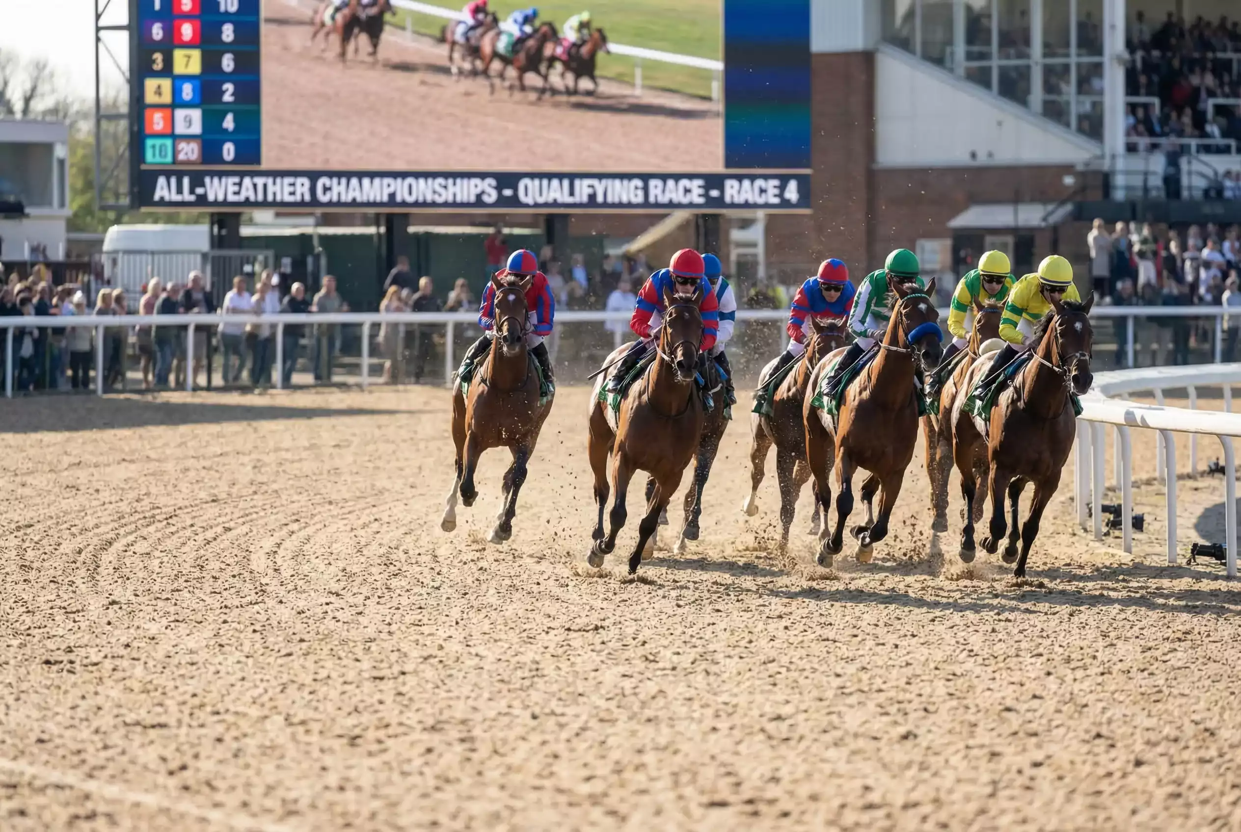 Horses racing at Southwell during an All-Weather Championships qualifying event on Tapeta