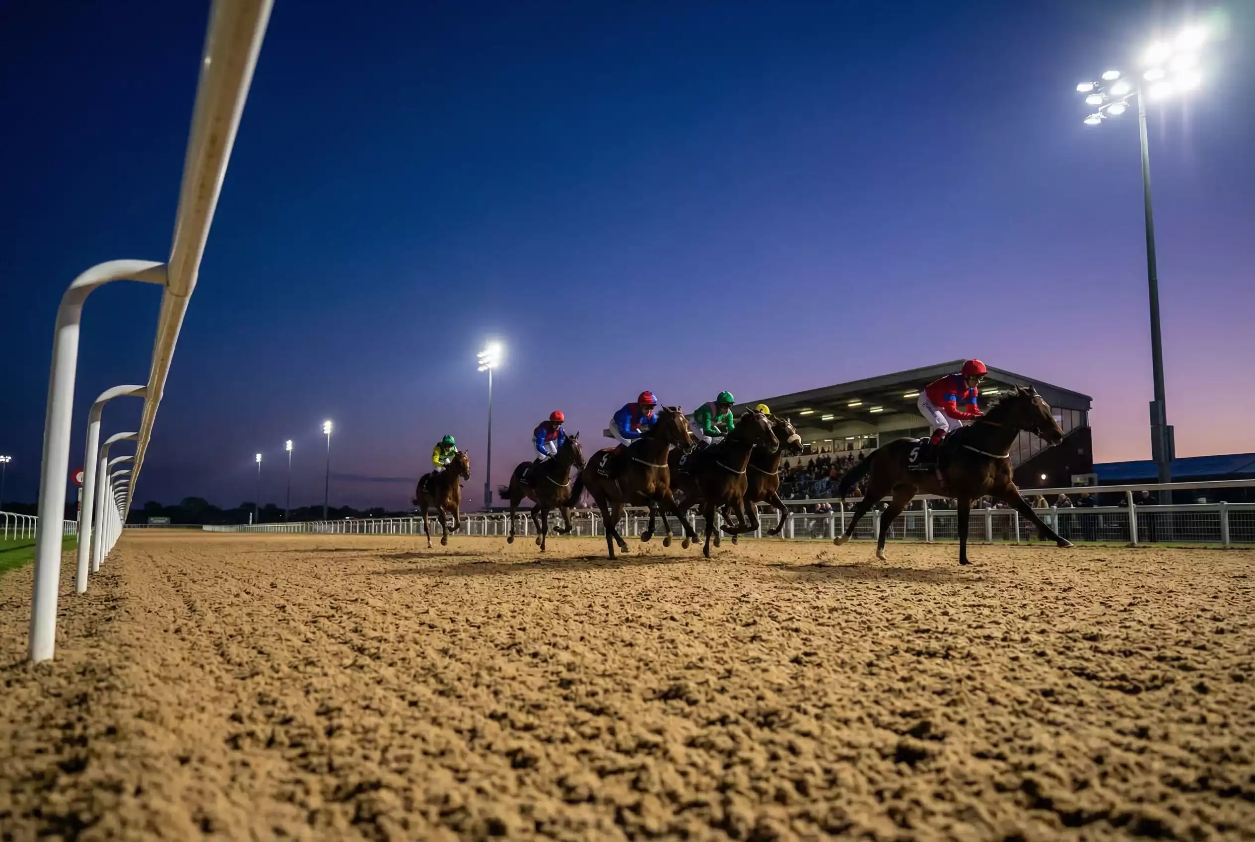 Horses galloping on the Tapeta all-weather surface at Southwell Racecourse during a floodlit evening meeting