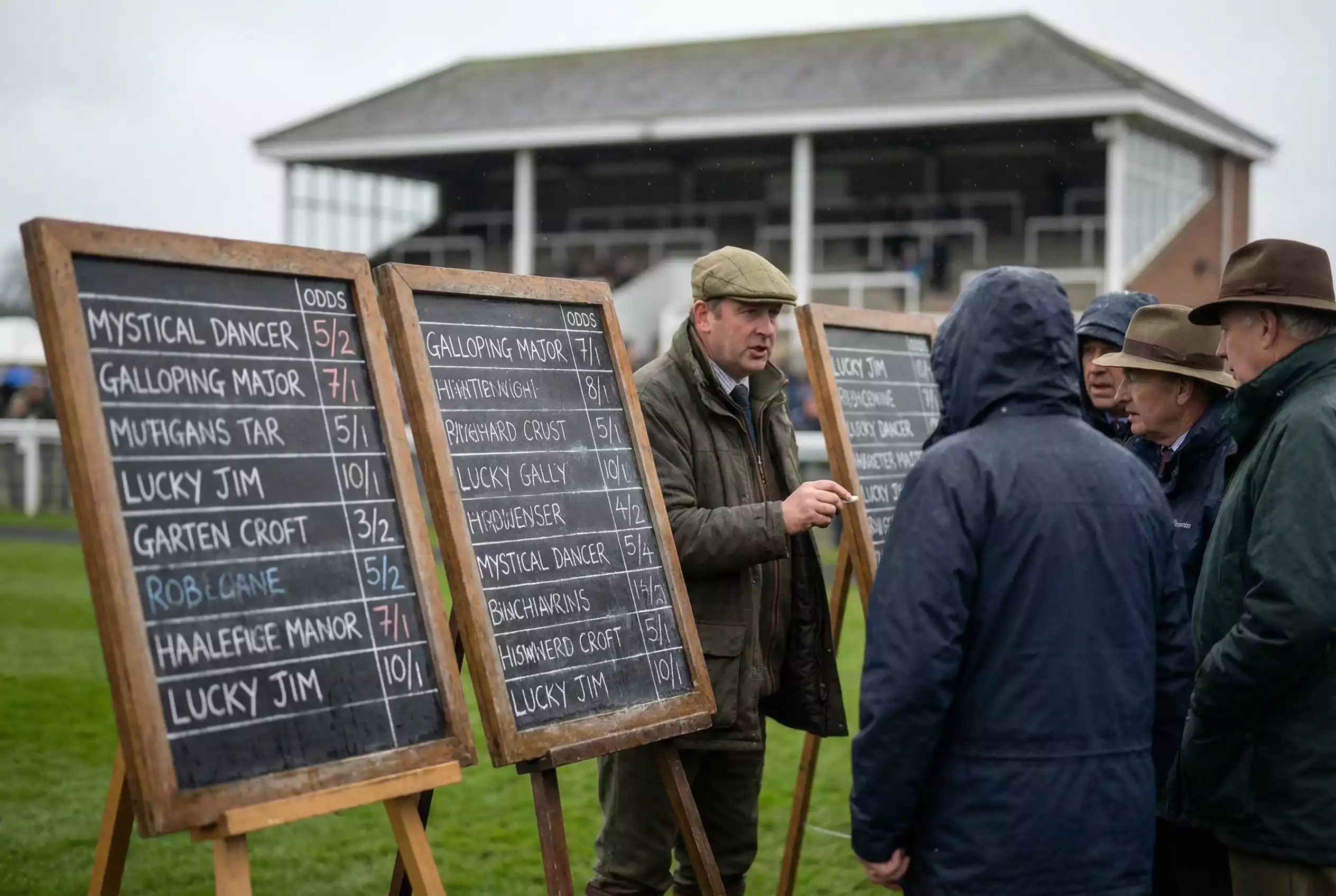 Bookmaker odds boards displayed at a British racecourse betting ring before a race