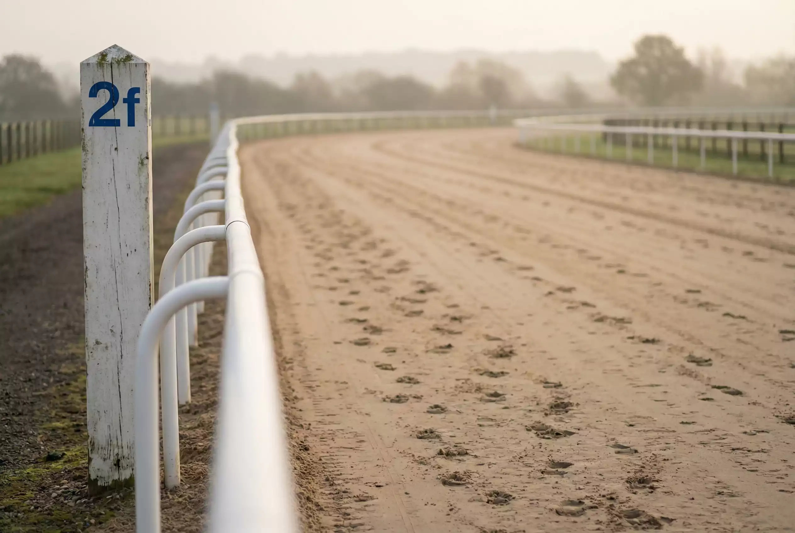 Furlong marker post on the Southwell all-weather track with the course stretching into the distance