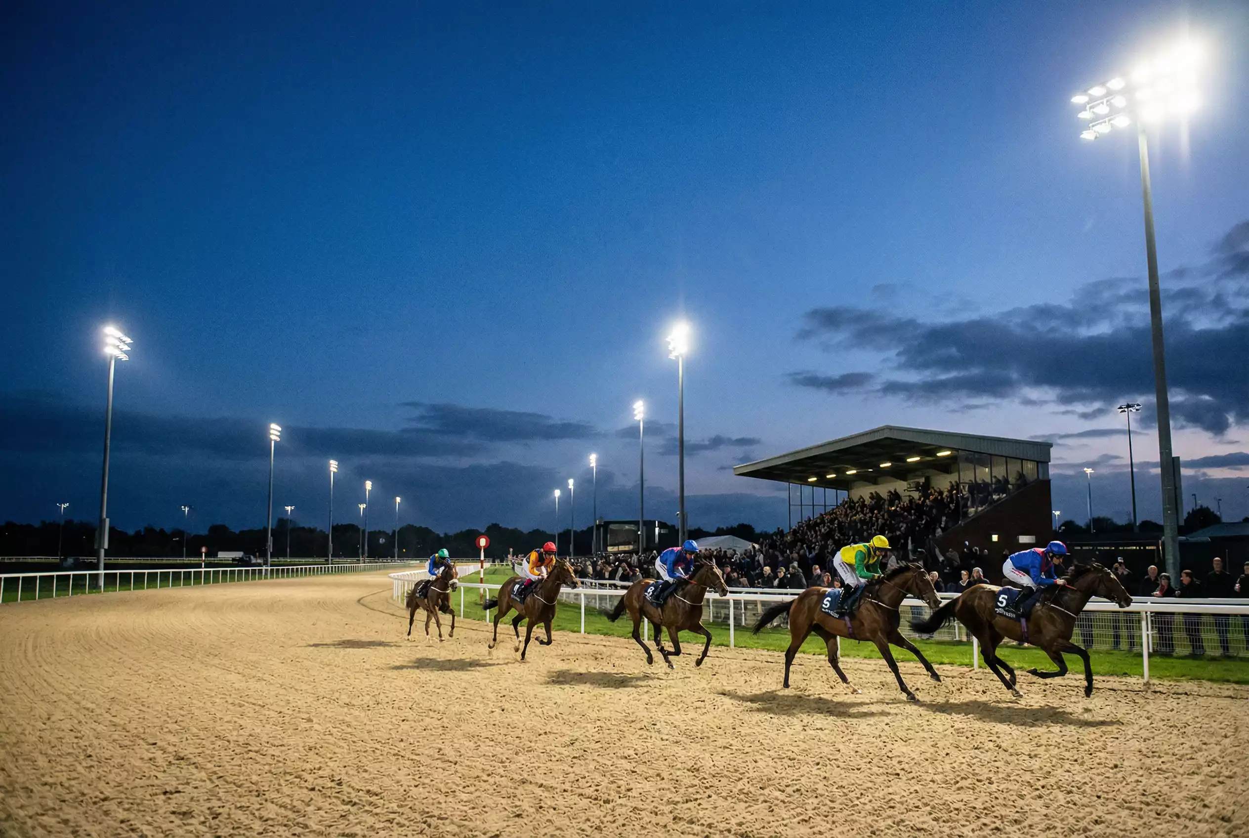 Horses racing under LED floodlights at Southwell Racecourse during an evening meeting