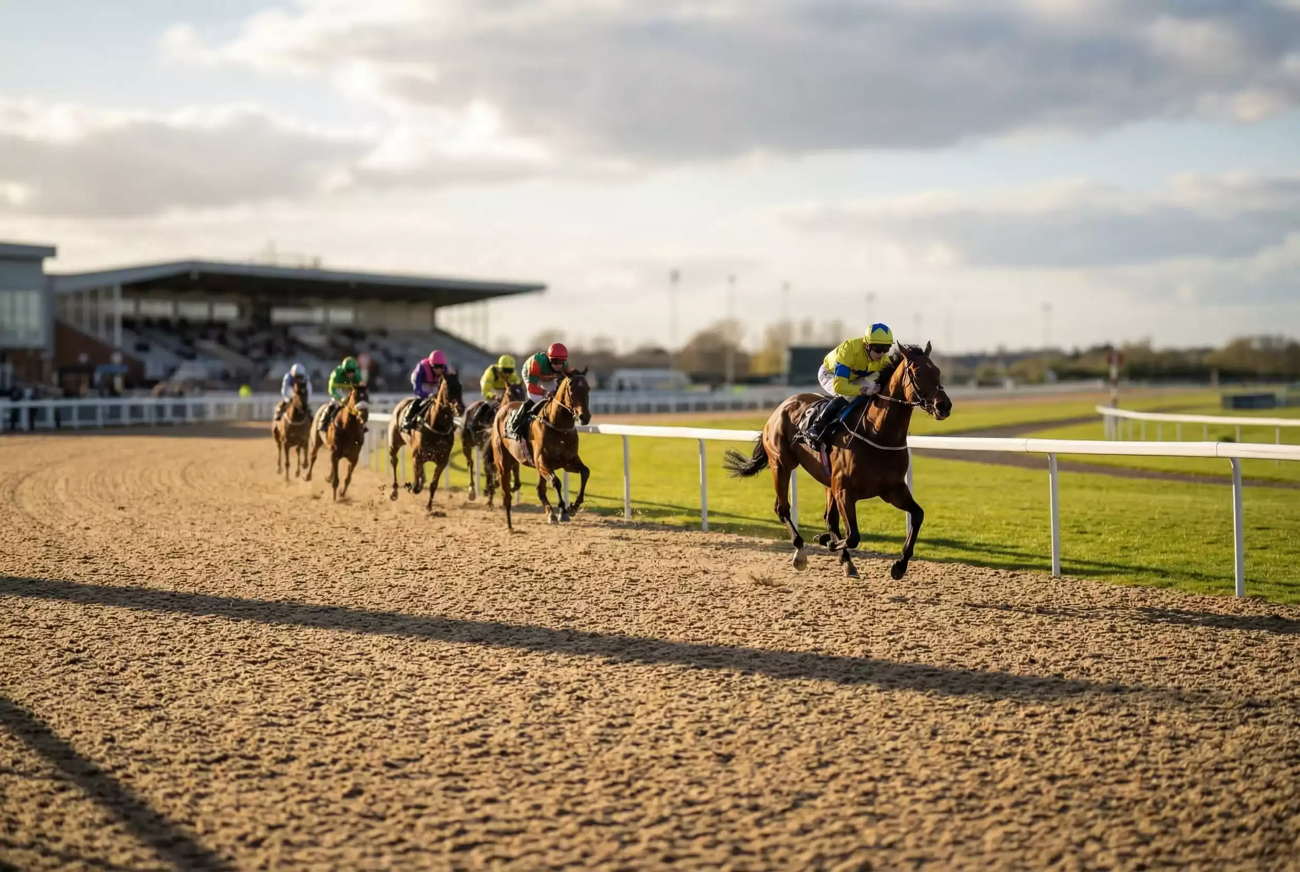 Southwell Racecourse all-weather track showing the Tapeta surface with horses racing left-handed