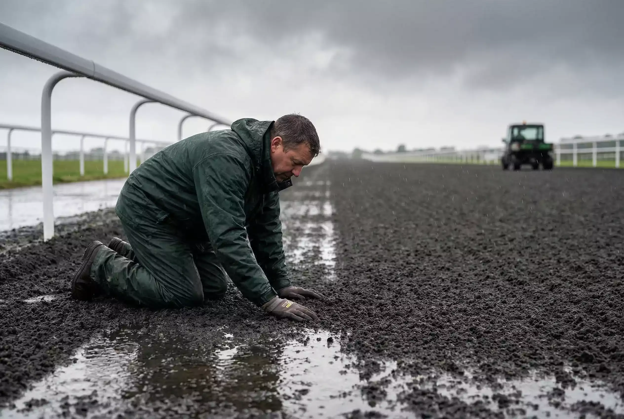 Groundstaff inspecting the Tapeta surface at Southwell Racecourse in wet conditions