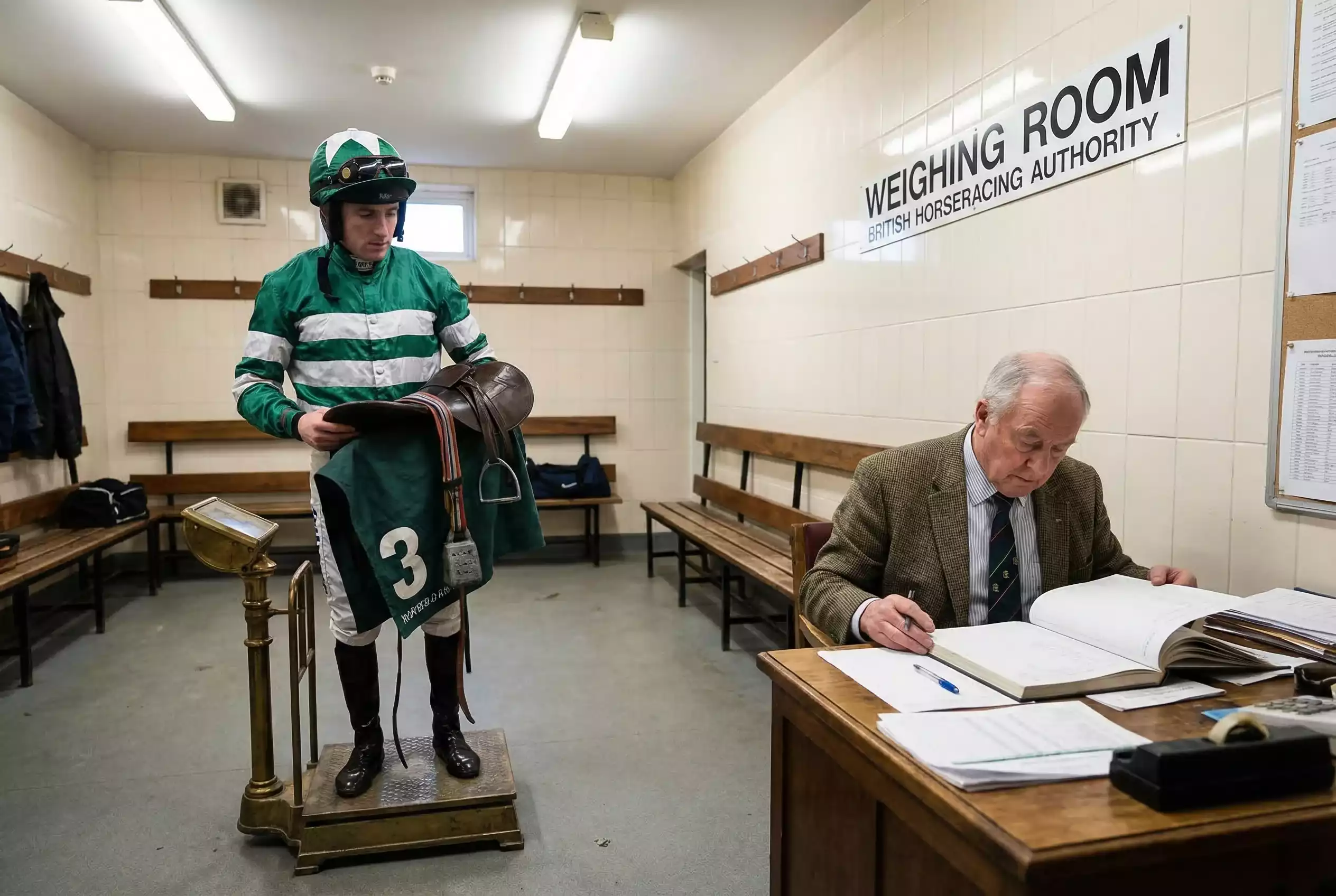 Jockey standing on the weighing scales at a British racecourse before a handicap race