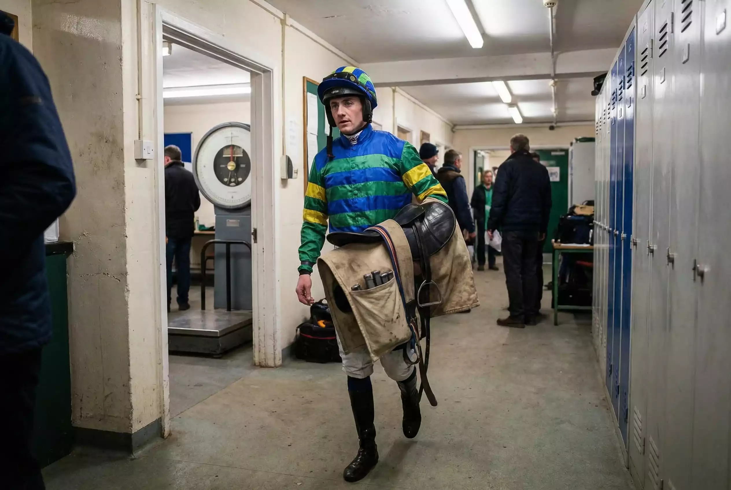 Jockey carrying a weight cloth and saddle in the Southwell weighing room before a handicap race