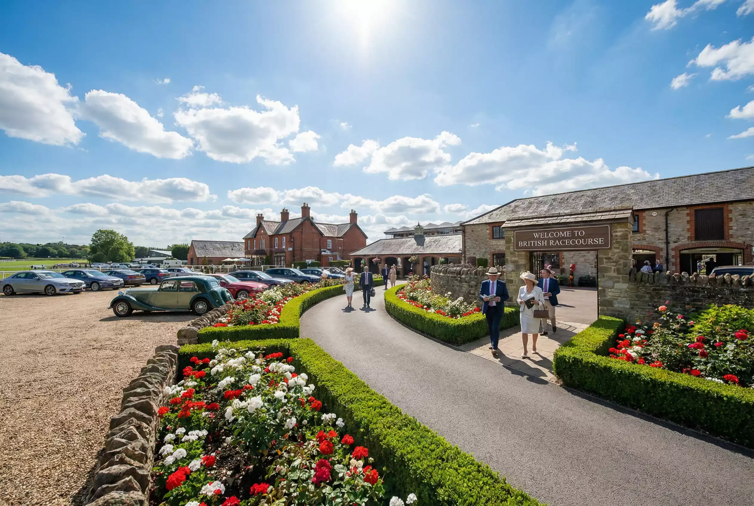 Entrance and grounds of Southwell Racecourse at Rolleston on a sunny race day