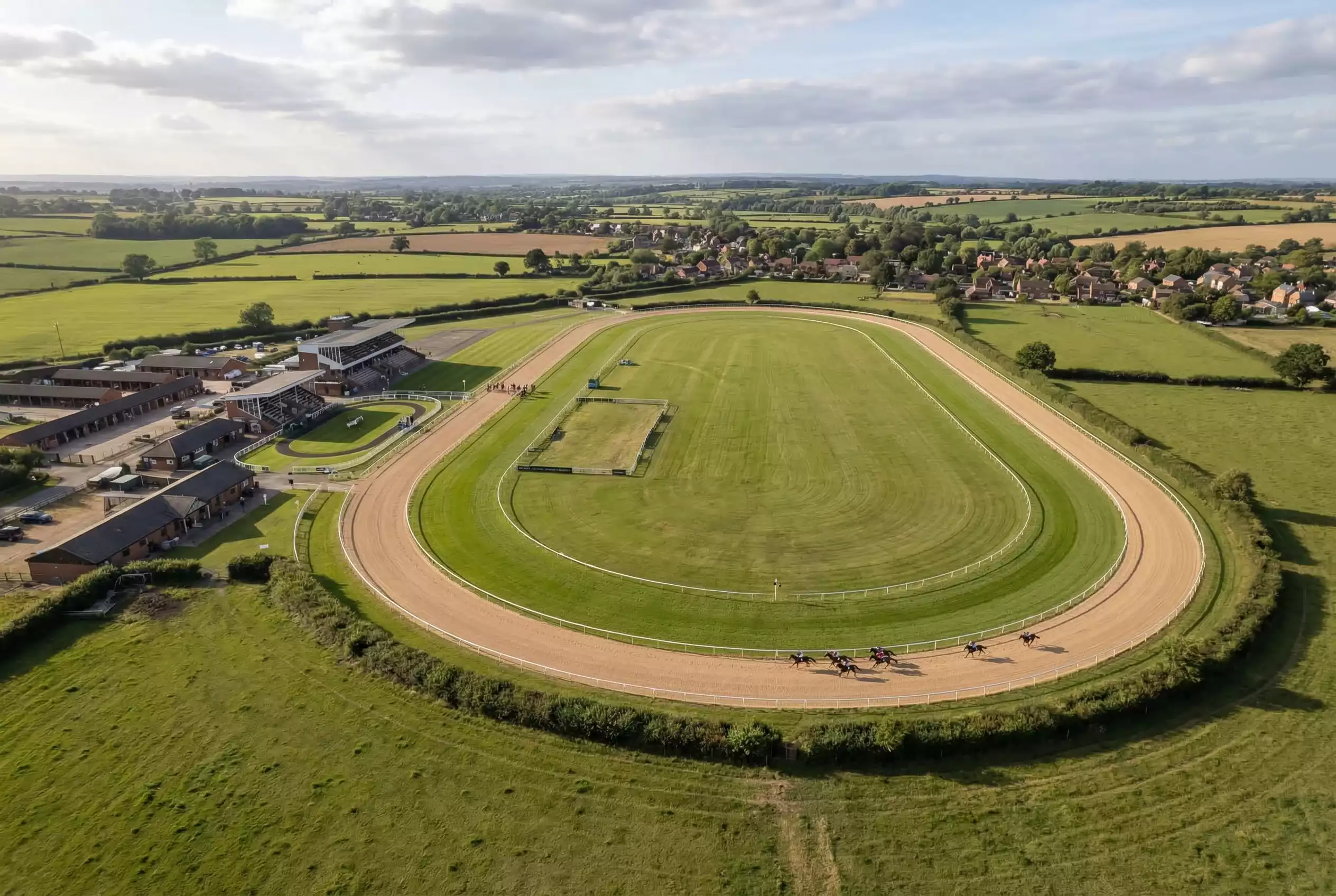 Aerial view of Southwell Racecourse showing the all-weather oval and turf course at Rolleston