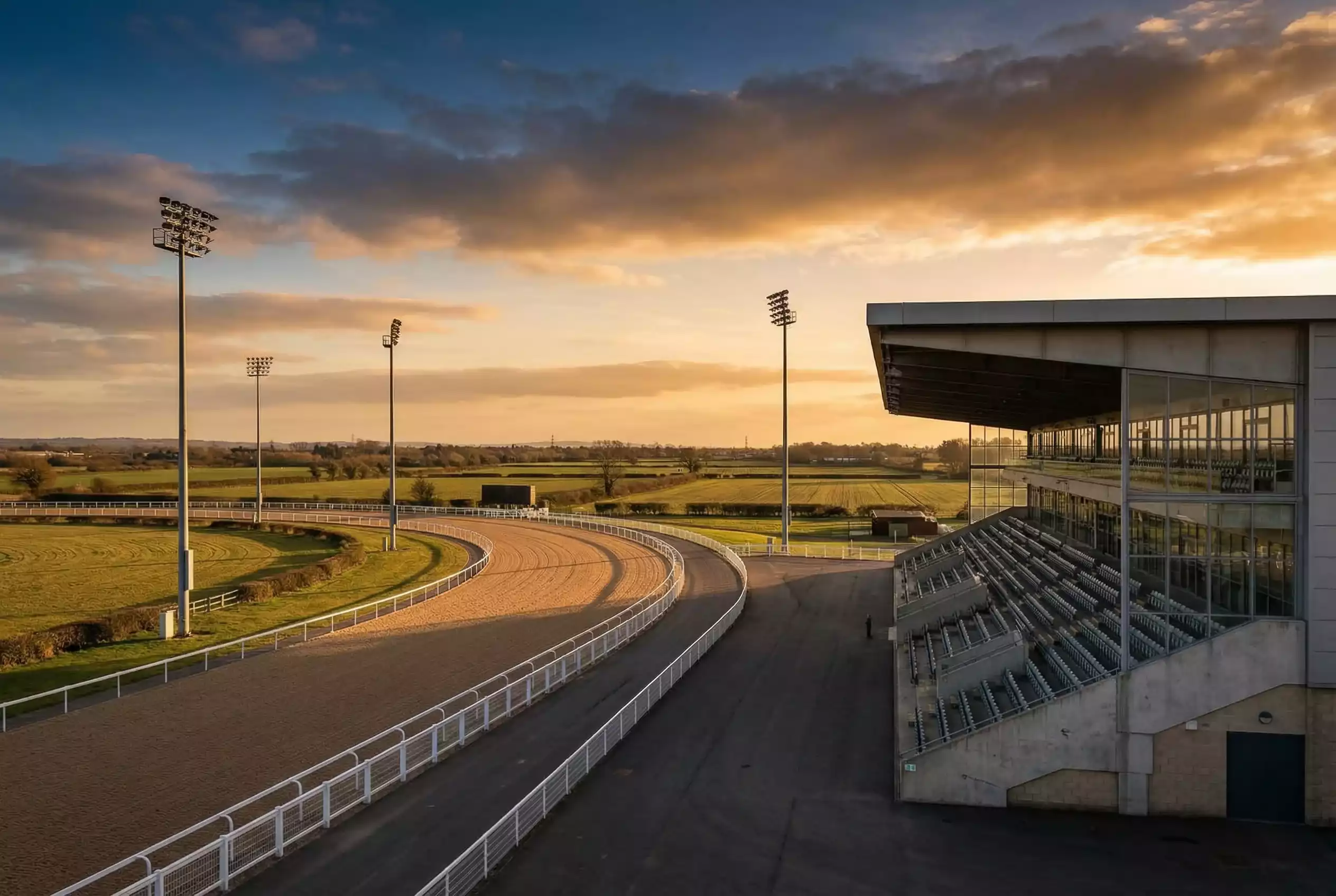 Panoramic view of Southwell Racecourse all-weather Tapeta track under floodlights in Nottinghamshire