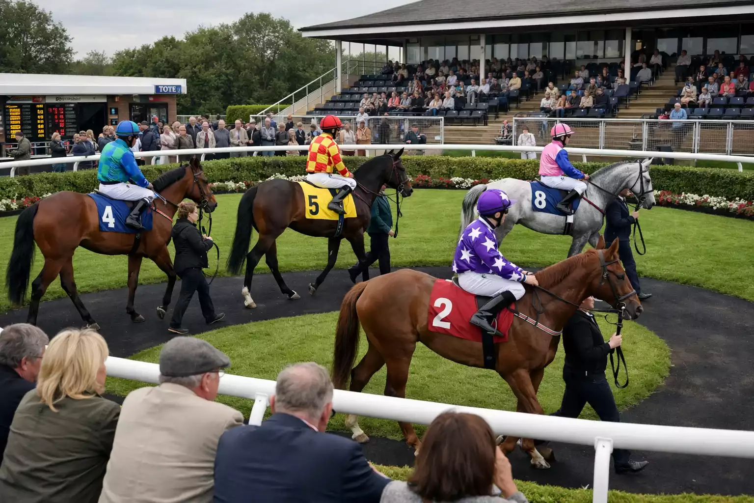 Horses parading before a race at Southwell with jockeys mounted in colourful silks