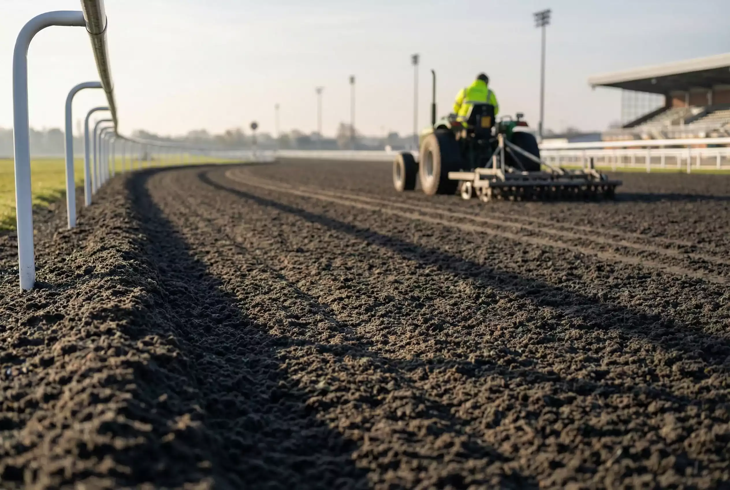 Close-up of the Tapeta synthetic racing surface at Southwell Racecourse showing the sand and fibre blend